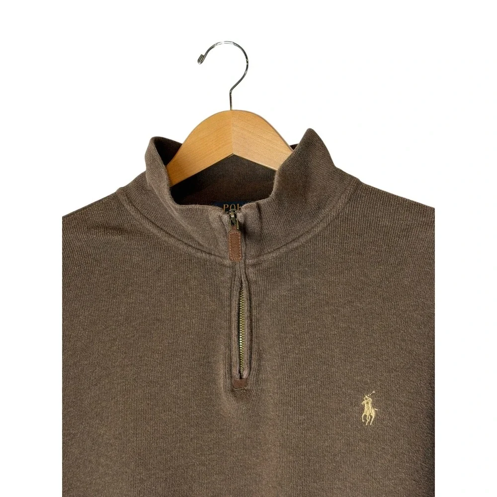 Polo‎ Ralph Lauren Quarter Zip Pullover Men XL Brown Cotton Preppy Logo Academia